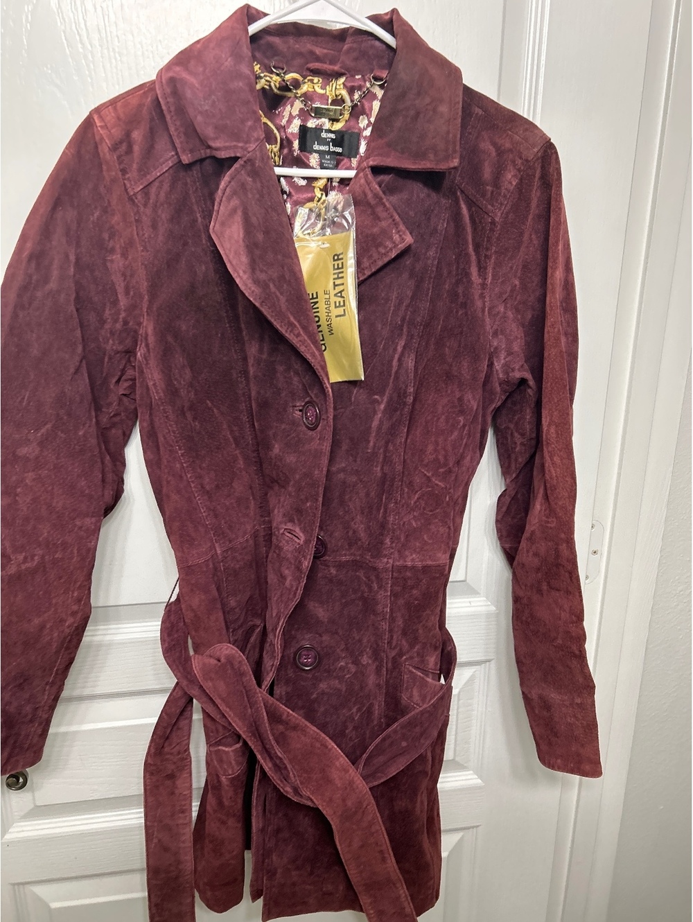 Dennis Basso Burgundy Suede Leather Coat with Chain Print Lining, Size M
